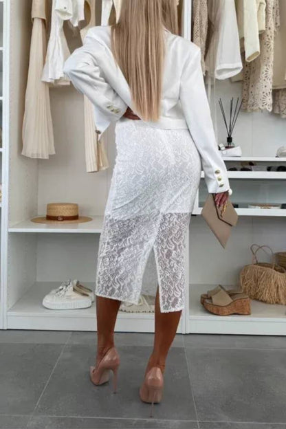 Lesia Floral Lace High Rise Slit Stretch Midi Skirt