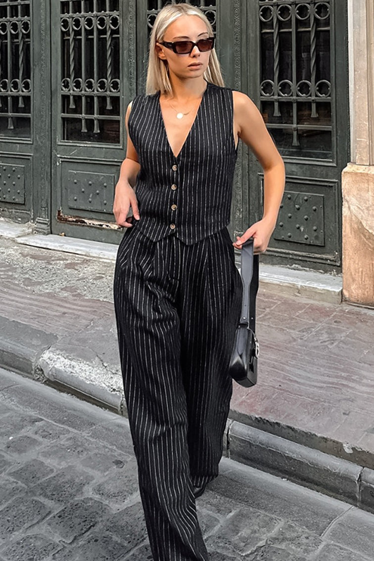 High Waist Striped V Neck Two Piece Vest Pants Set