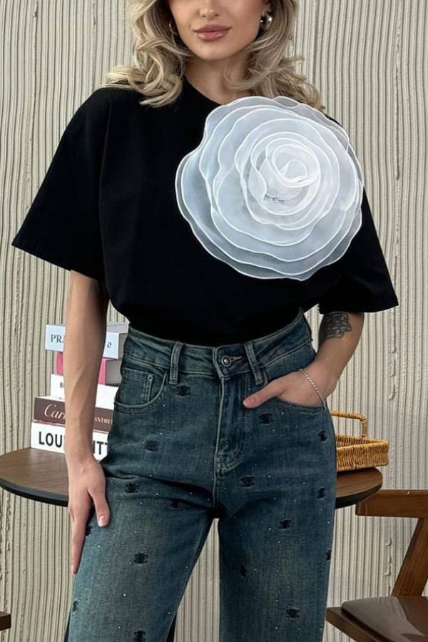 Loose T-shirt Three-dimensional Mesh Camellia Cotton Short-sleeved Top