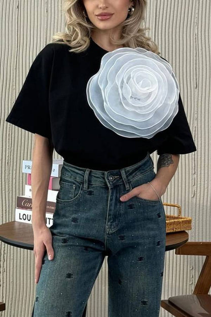 Loose T-shirt Three-dimensional Mesh Camellia Cotton Short-sleeved Top