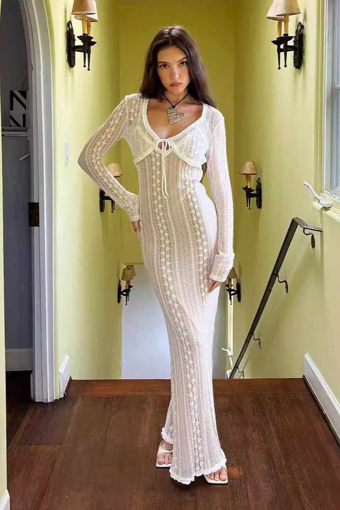 V Neck Long Sleeve Split Lace Dress