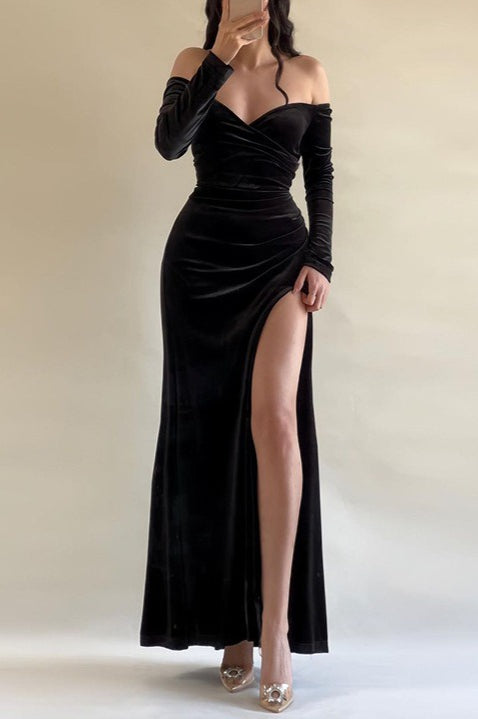 Off Shoulder High-Slit Velvet Formal Dress