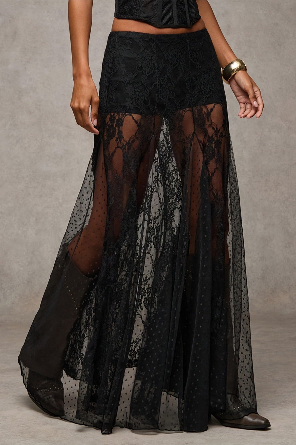 Lace Print Sheer Low Waist Maxi Boho Skirt