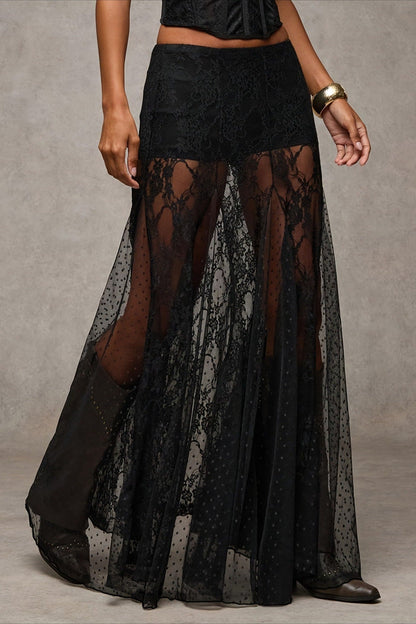 Lace Print Sheer Low Waist Maxi Boho Skirt
