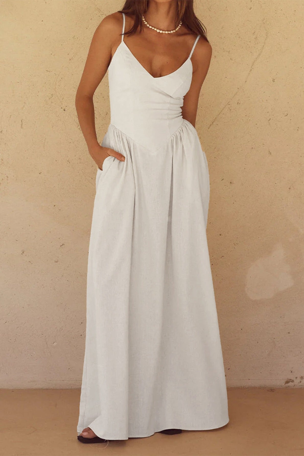 Ivory Cami V Neck Waist Maxi Dress