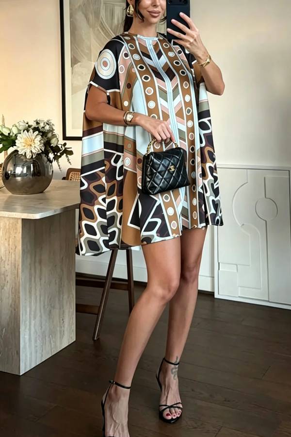 Jaylene Satin Unique Artistic Print Short Sleeve Loose-fitting Mini Dress