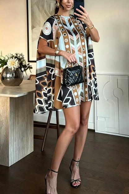Jaylene Satin Unique Artistic Print Short Sleeve Loose-fitting Mini Dress