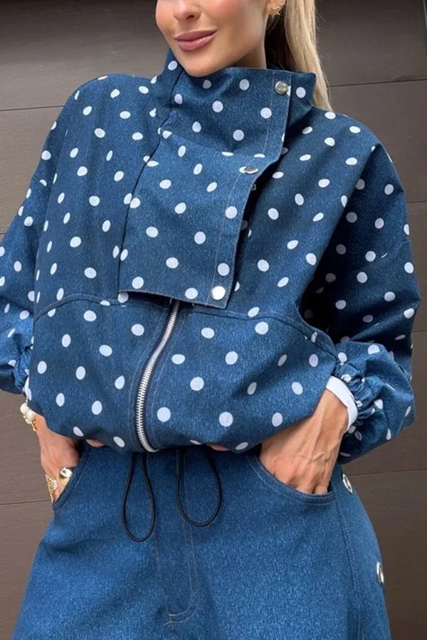 Kadence Polka Dot Zipper Lapel High Neck Drawstring Hem Sporty Jacket