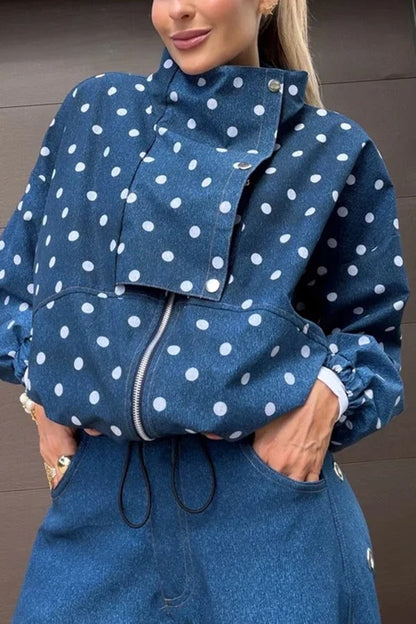 Kadence Polka Dot Zipper Lapel High Neck Drawstring Hem Sporty Jacket