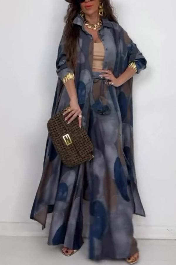 Ink Wash Print Long Shirt Wide Leg Pants Two Piece Set
