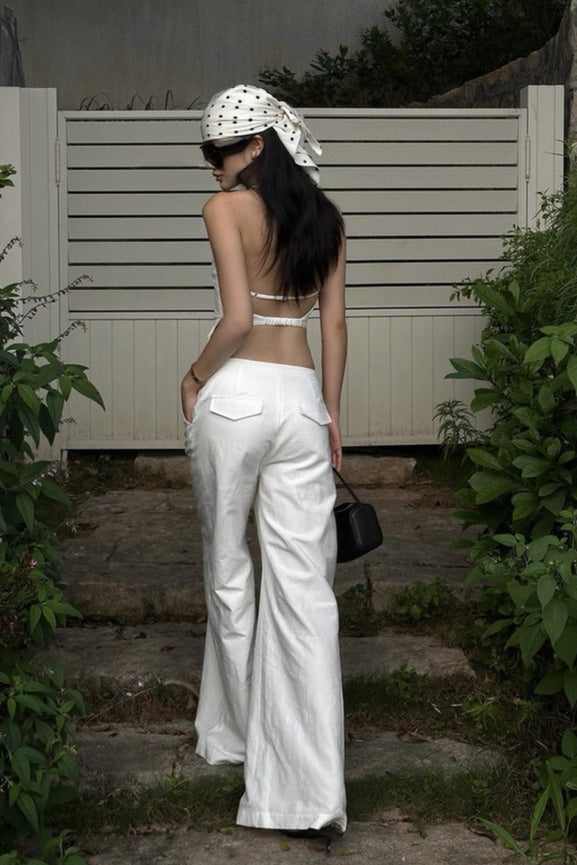 White Two Piece Halter Open Back Fitted Vest Pants Set