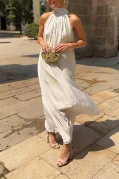 Halter Neck Pleated Loose-fitting Vacation Maxi Dress