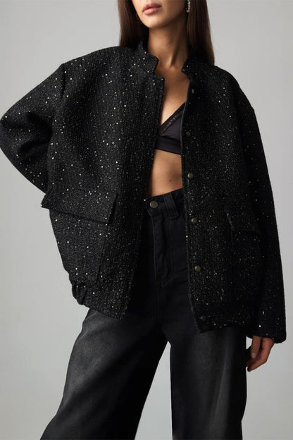 Metallic Sequined Stand Collar Coat