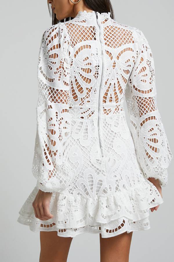 Multi-Color Cutout Lace Puff Sleeve Ruffle Hem Mini Dress