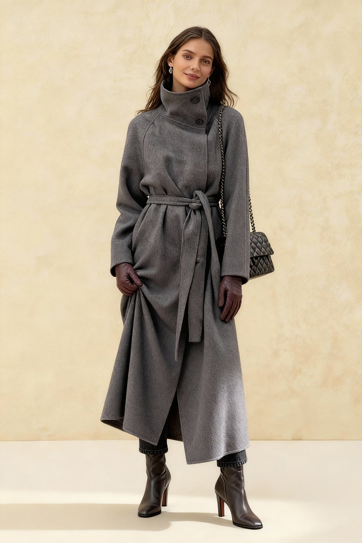 Grey High Collar Long Woolen Coat