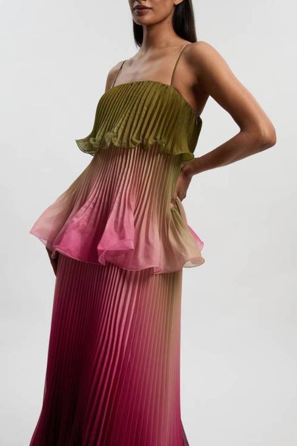 Exquisite Pleated Organza Gradient Print Layered Ruffles Slip Maxi Dress