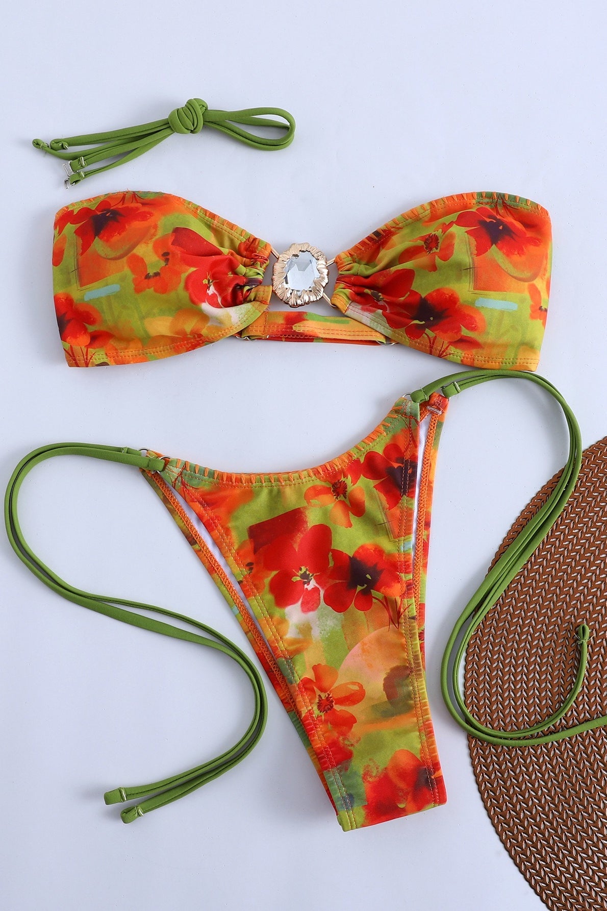 Orange Push Up Resin Bead Triangle Bikini Set