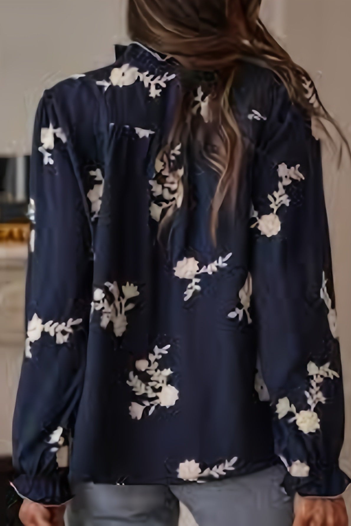 Printed Collared Lantern Sleeve Elegant Long Sleeve Blouse
