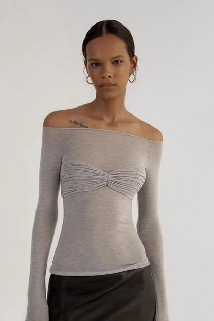 Sheer Ruched Faux Two-Piece Off Shoulder Crop Top