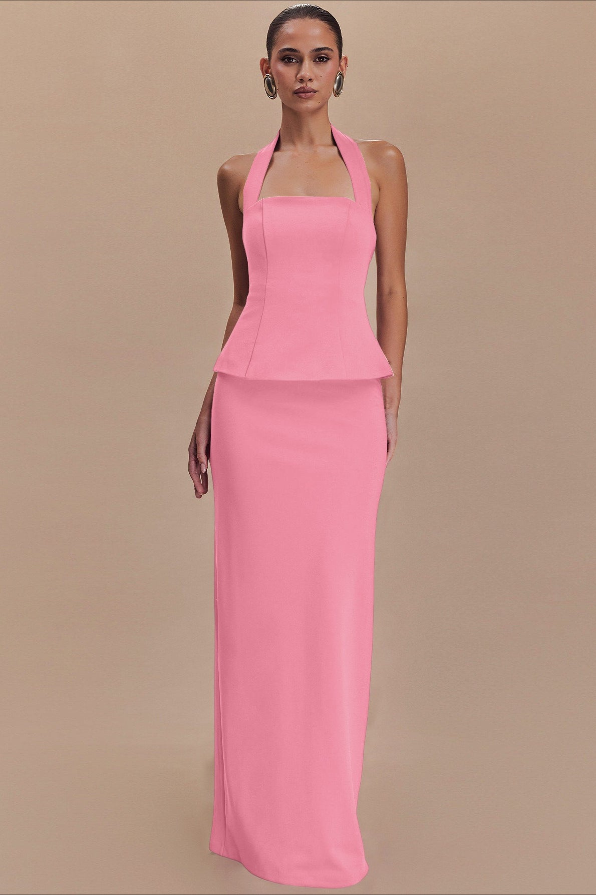 Solid Halter Backless Maxi Formal Dress