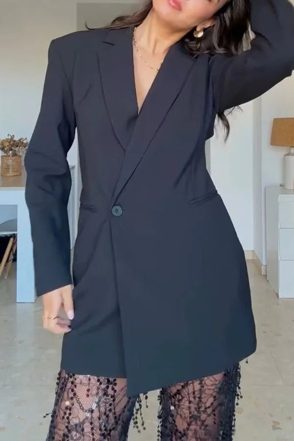 Yulissa Single Button Long Sleeve Fitted Waist Open Back Pocketed Lapel Blazer