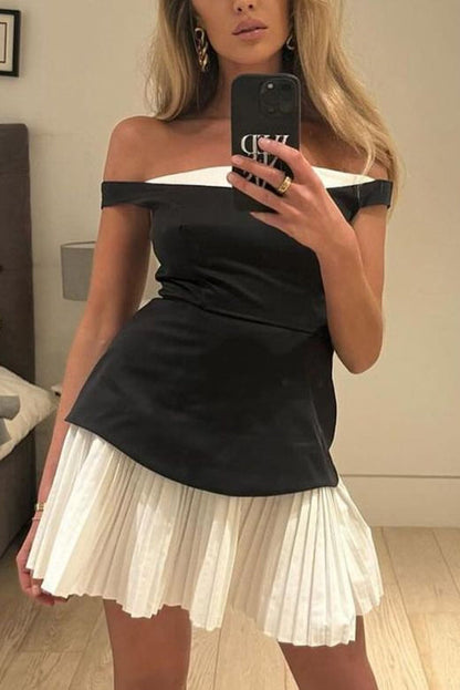 Off Shoulder Fold Over Collar Accordion Pleat Mini Dress
