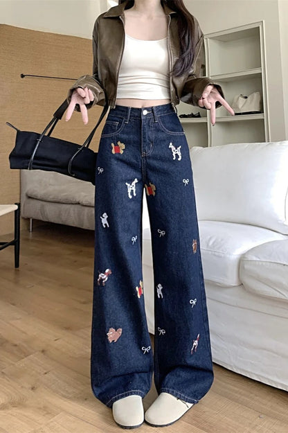 Embroidered Print Wide Leg Denim Jeans