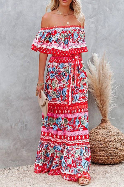 Bohemian Off-Shoulder Floral Print Maxi Dress