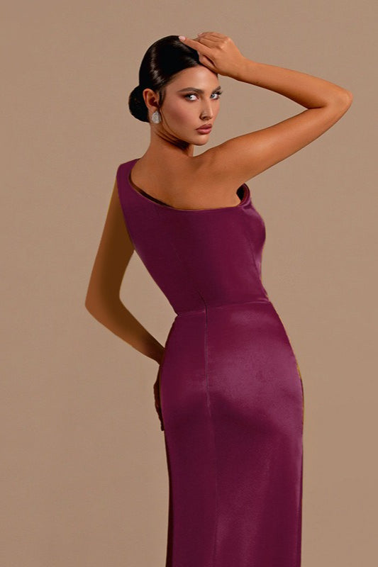 One Shoulder High Slit Satin Formal Dress