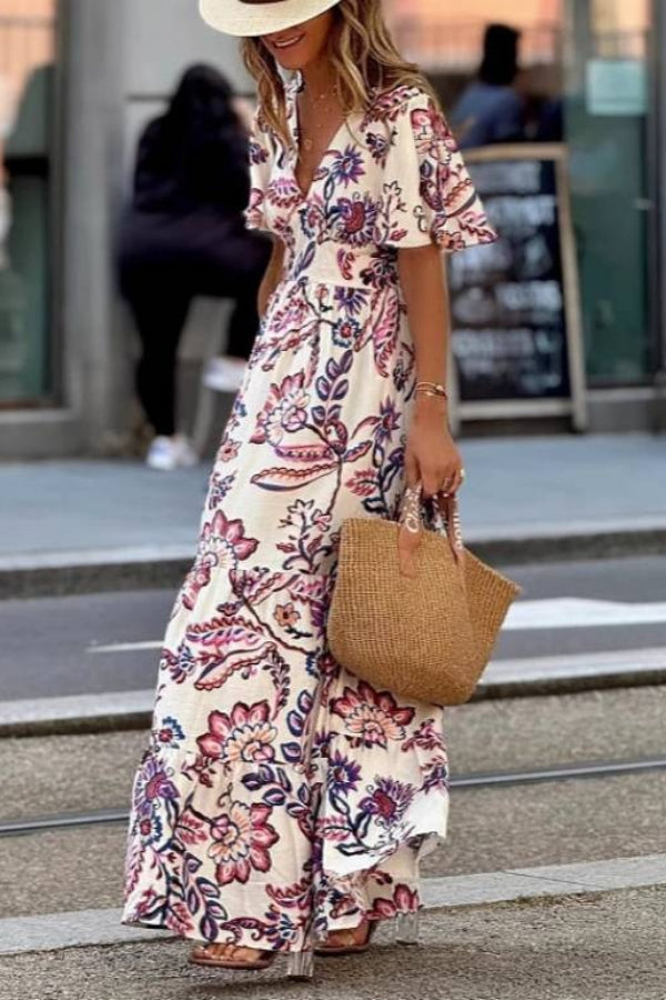 Pink and Purple Floral Print V-Neck Puff Sleeve Waist-Defining A-Line Cotton Linen Maxi Dress
