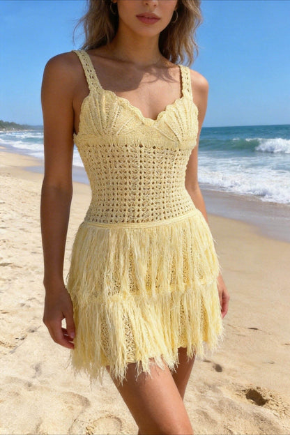 Knit Cutout Fringe Vacation Boho Dress