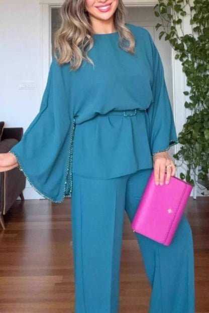 Beaded Wide-Sleeve Waisted Wide-Leg Pants Two-Piece Set