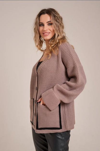 Pocket Color Block V Neck Cardigan