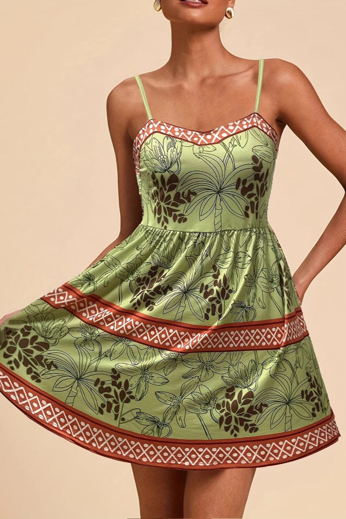Green Printed Cami A Line Vacation Dress