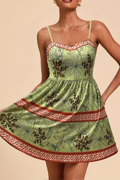 Green Printed Cami A Line Vacation Dress