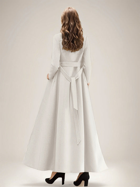 White Longline Woolen Coat Notched Lapel Double Breasted Belted Winter Full Length Outerwear For Women 2026