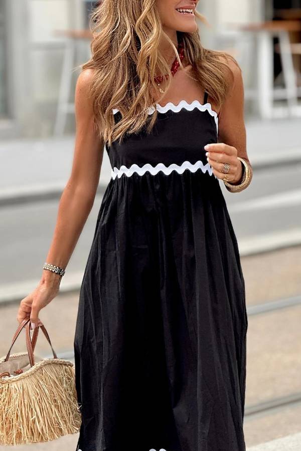 Black & White Ric Rac Trim Strappy Maxi Dress