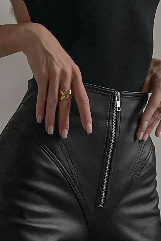 PU Leather Front Zipper Slim Fit Pants