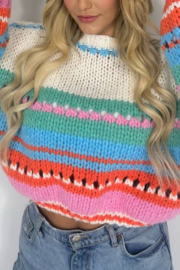 Rainbow Mood Multicolor Round Neck Hollow Long Sleeve Knitted Sweater