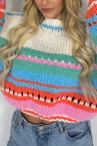 Rainbow Mood Multicolor Round Neck Hollow Long Sleeve Knitted Sweater