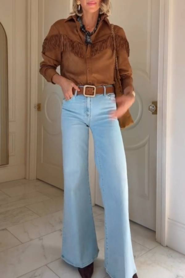 Light blue high-waist wide-leg vintage denim flared pants