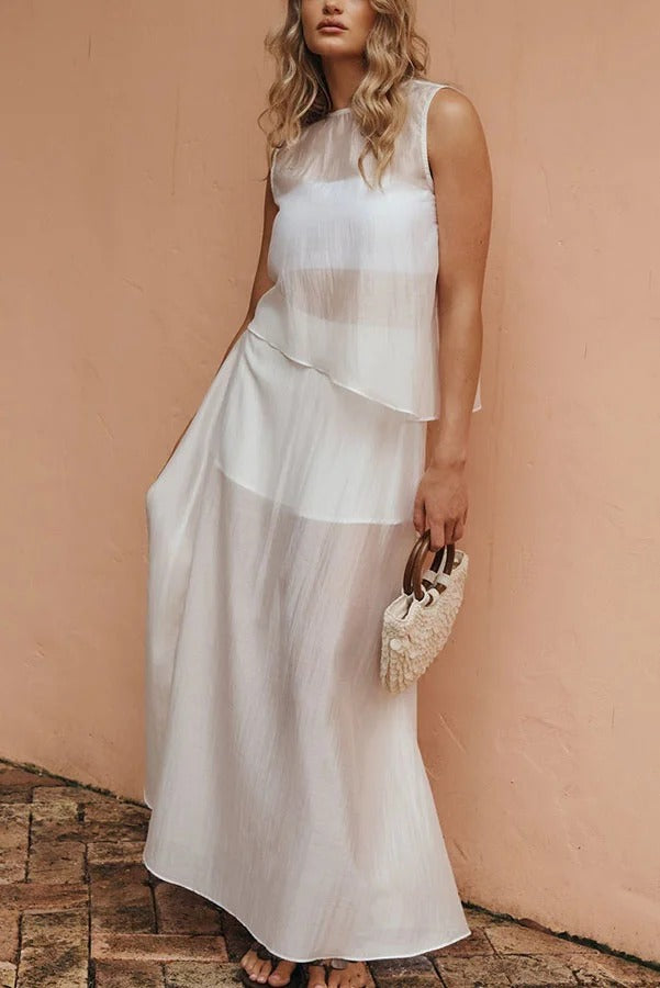 Lena Semi-sheer Irregular Hem Top and High Rise Side Zipper A-line Maxi Skirt Set