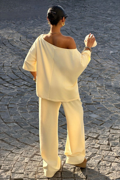 One Shoulder Crop Top Wide Leg Pants Set