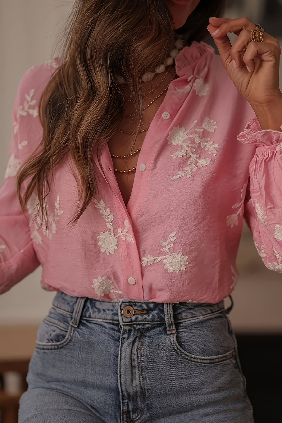 Printed Collared Lantern Sleeve Elegant Long Sleeve Blouse