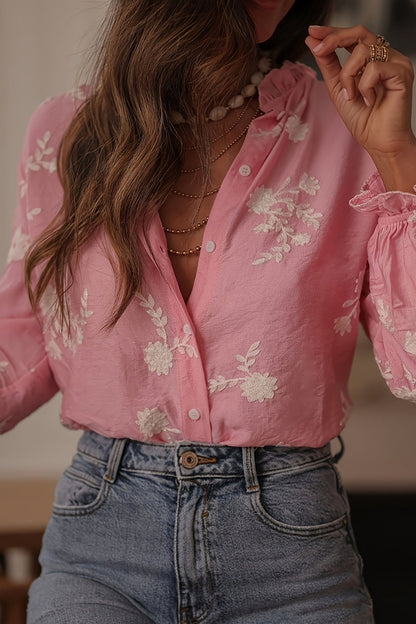 Printed Collared Lantern Sleeve Elegant Long Sleeve Blouse