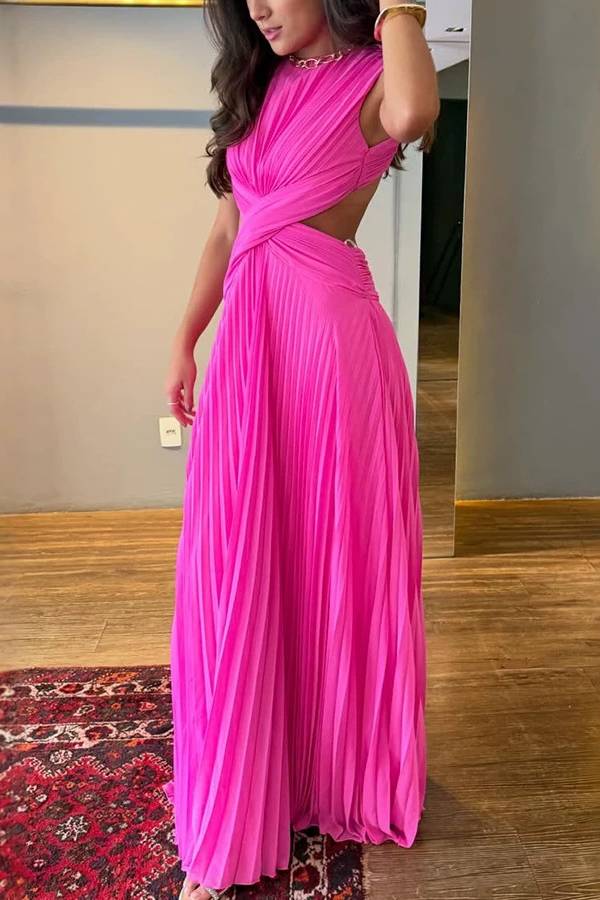 High Neck Cross Ruched Cutout Waist & Open Back Pleated Chiffon Evening Gown