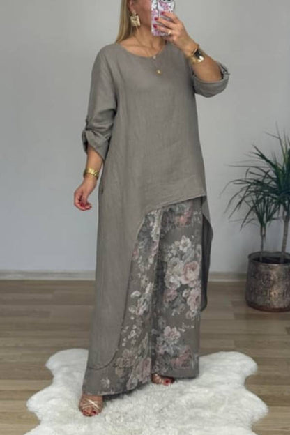 Irregular Linen Tunic & Vintage Floral Wide Leg Pant 2-Piece Set