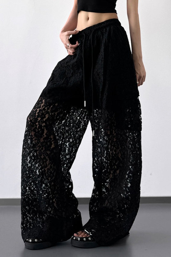 White Lace Cutout Casual Wide Leg Pants