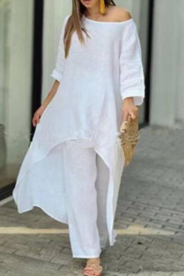 Linen Asymmetrical Long Top + Wide-Leg Pants Set