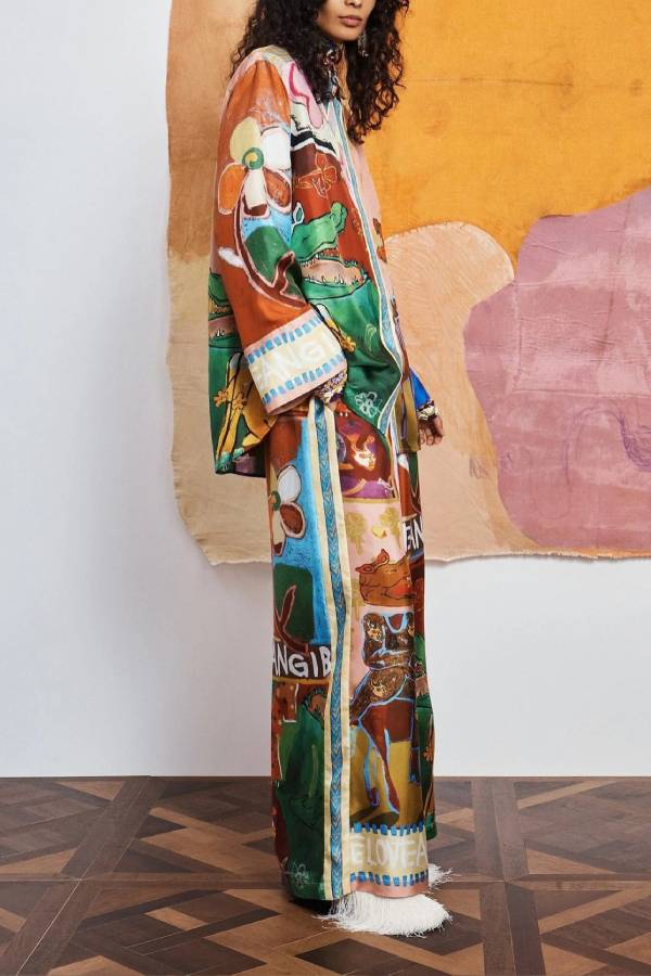 Art Graffiti Print Satin Shirt & Wide Leg Pants Set